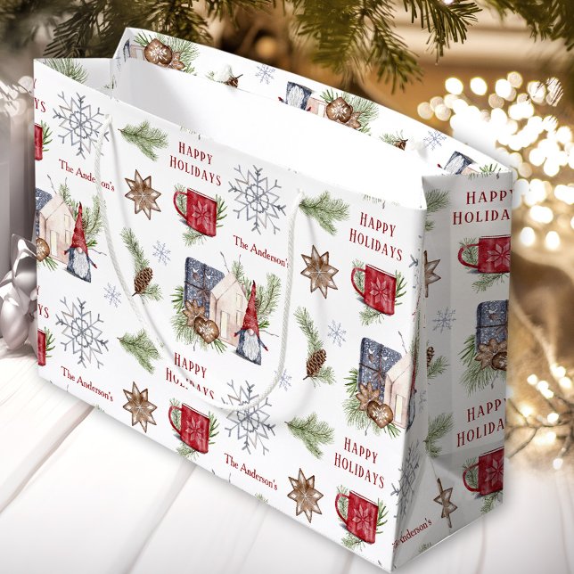 Sacola Para Presentes Grande Hygge Christmas Gnome Ndic Holidays Name (Hygge Christmas Gnome Nordic Holidays Name Large Gift Bag)