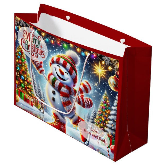 Sacola Para Presentes Grande Ice Skating Snowman Christmas (Frente inclinada)