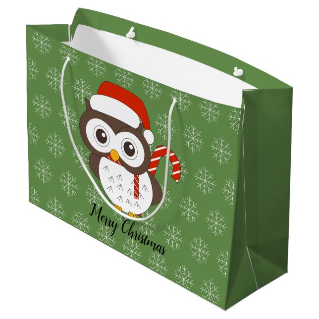 Sacola Para Presentes Grande Illusima Candy Cane Owl Floco de Natal Verde (Verso inclinado)
