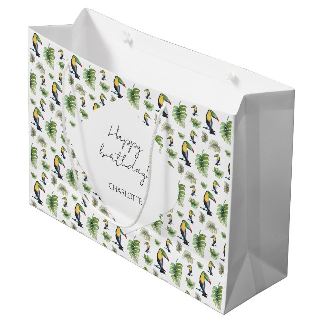 Sacola Para Presentes Grande Ilustração de Aquarela de Monstera Exótica em Touc (Frente inclinada)