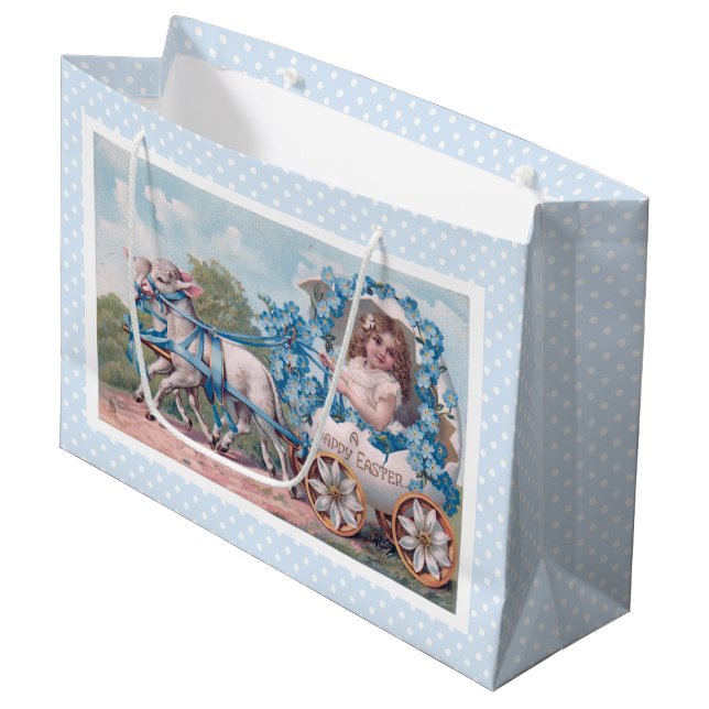Sacola Para Presentes Grande Ilustração de Páscoa com Rapariga e Borregos (Frente inclinada)