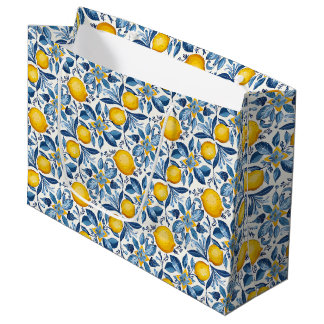 Sacola Para Presentes Grande Impressão Botânica de Limão Azul e Amarelo de Verã