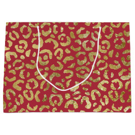 Sacola Para Presentes Grande Impressão de Glam Leopardo Dourado Vermelho