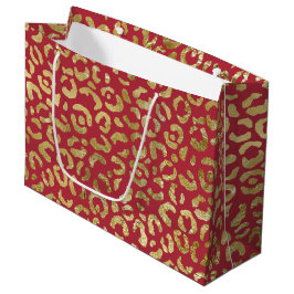 Sacola Para Presentes Grande Impressão de Glam Leopardo Dourado Vermelho