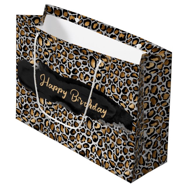 Sacola Para Presentes Grande Impressão de Leopardo Metálico Glam - Aniversário (Frente inclinada)
