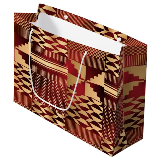 Sacola Para Presentes Grande Impressão Kwanzaa Kente (Vermelho/Dourado) (Frente inclinada)