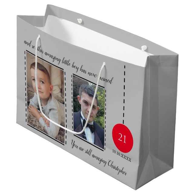 Sacola Para Presentes Grande Incrível aniversário de 21 anos data data cinza fo (Frente inclinada)