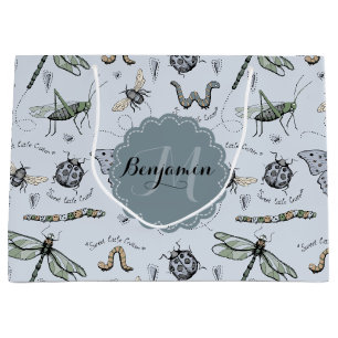 Sacola Para Presentes Grande Insetos de Bebê Azul Pastel Moles Boho Crianças e