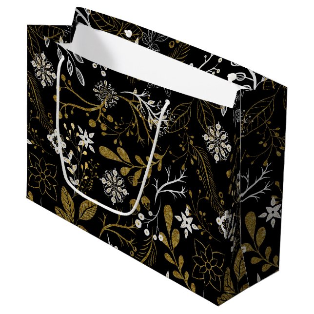 Sacola Para Presentes Grande Intricate floral pattern with gold and white  (Frente inclinada)