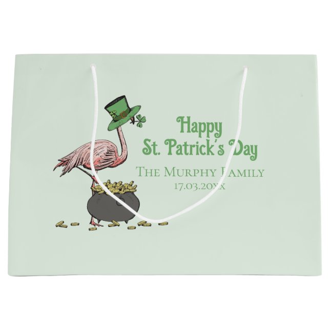 Sacola Para Presentes Grande Irish Shamrock Flamingo St. Patrick’s Day Party (Frente)