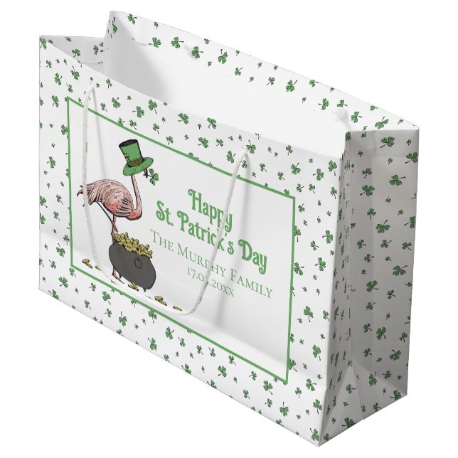Sacola Para Presentes Grande Irish Shamrock Pink Flamingo St Patricks Day (Frente inclinada)