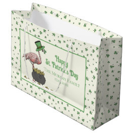 Sacola Para Presentes Grande Irish Shamrock Pink Flamingo St Patricks Day Ivory