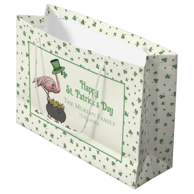 Sacola Para Presentes Grande Irish Shamrock Pink Flamingo St Patricks Day Ivory (Frente inclinada)