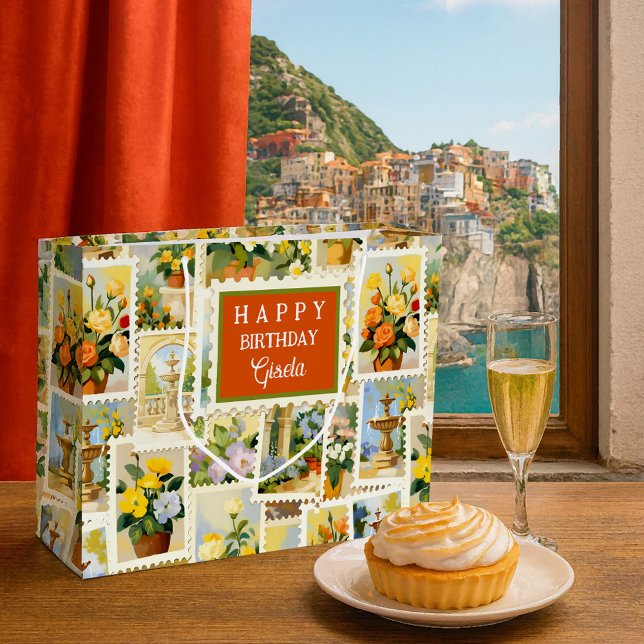 Sacola Para Presentes Grande Italian Festive Pattern Gift Bag (Large gift bag featuring a whimsical illustration of flowers and fountains in Italian style)