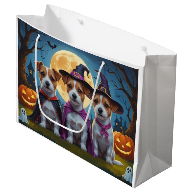Sacola Para Presentes Grande Jack Russell Dogs Pumpkin Halloween Engraçado (Frente inclinada)