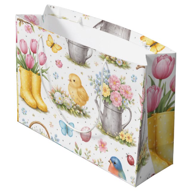 Sacola Para Presentes Grande Jardim de Primavera Páscoa  (Verso inclinado)