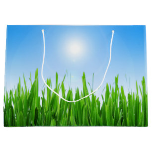 Sacola Para Presentes Grande Jardim de Relva Verde com Desenho de Céu Azul