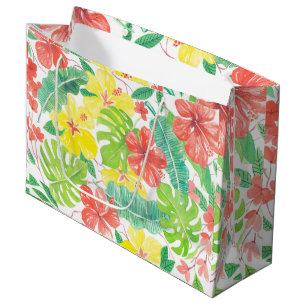 Sacola Para Presentes Grande Jardim tropical, hibiscus plumeria e palmeiras