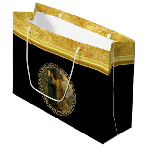 Sacola Para Presentes Grande Jesus em sua porta na folha e no preto de ouro