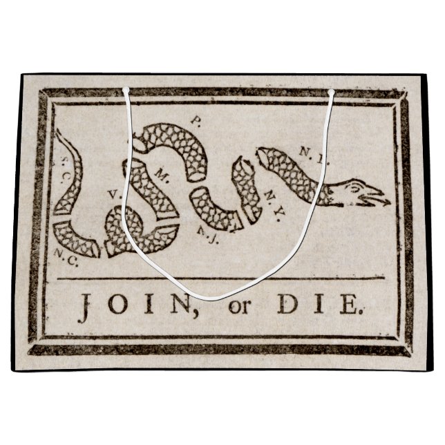 Sacola Para Presentes Grande Join ou Die Rattlesnake: Cartoon Benjamin Franklin (Frente)