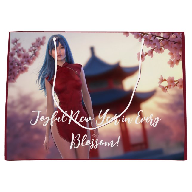 Sacola Para Presentes Grande Jovem Cheongsam Bela Posicionando para Ano Novo Ch (Frente)