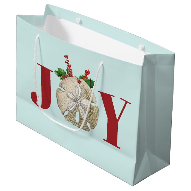 Sacola Para Presentes Grande Joy Christmas Sand Dollar Holly Berries Coastal (Frente inclinada)