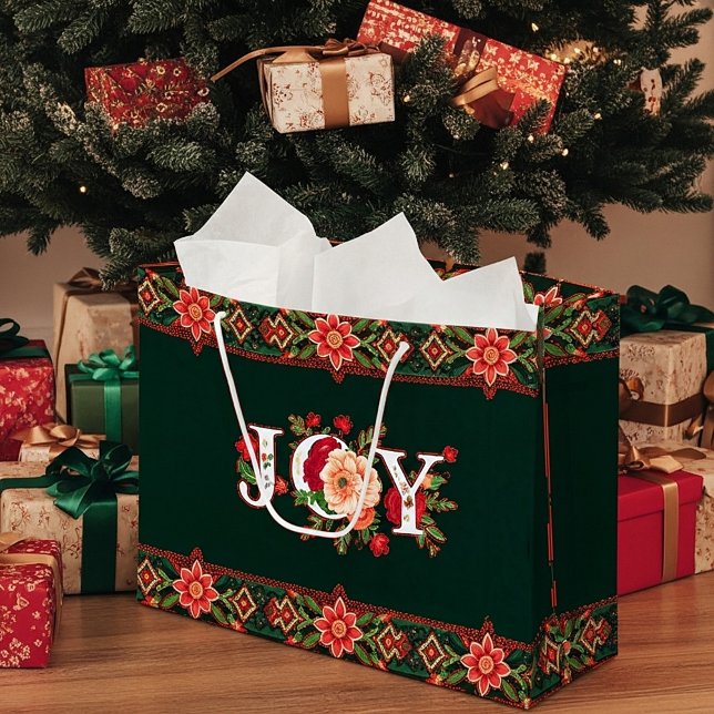 Sacola Para Presentes Grande JOY natal borda floral (Criador carregado)