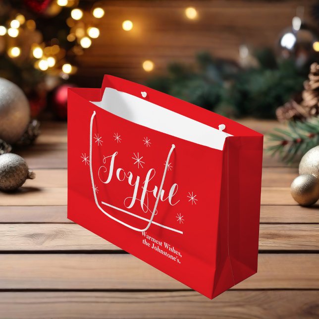 Sacola Para Presentes Grande Joyful Gift Script Chic Rustic Red Christmas ("Joyful" large red Christmas gift bag.)