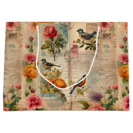 Sacola Para Presentes Grande Junk Journal Seite mit Blumen + Vögel -