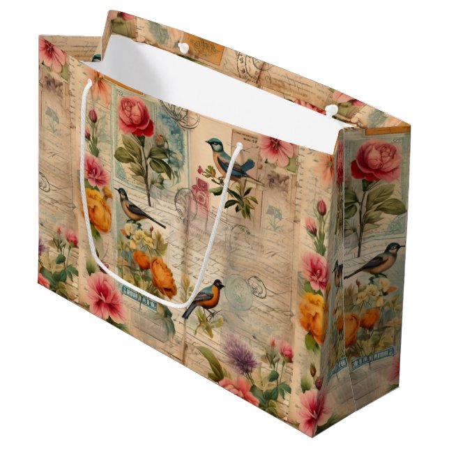 Sacola Para Presentes Grande Junk Journal Seite mit Blumen + Vögel -  (Frente inclinada)