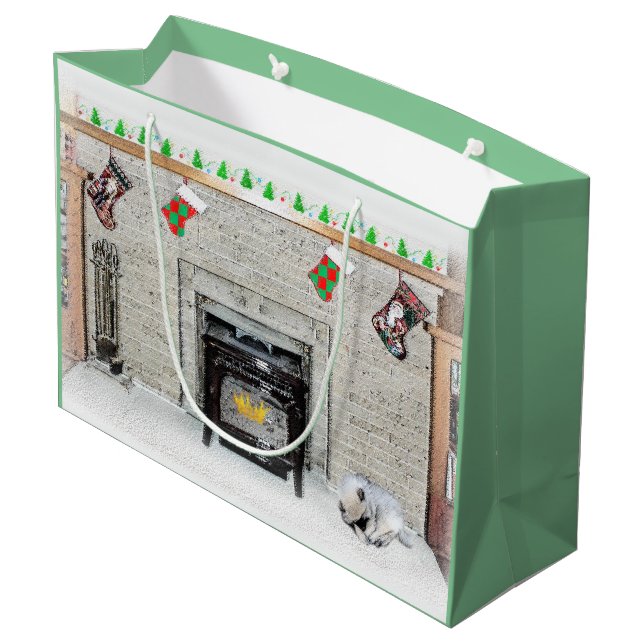 Sacola Para Presentes Grande Keeshond Christmas Puppy Dog by Lareira Painting (Verso inclinado)