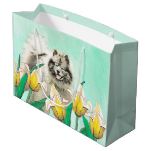 Sacola Para Presentes Grande Keeshond em Tulips pintando lindas artes caninas o