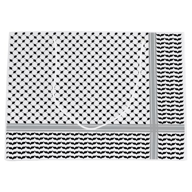 Sacola Para Presentes Grande Keffiyeh preto e branco palestino (Frente)