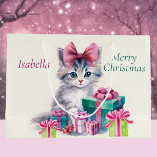 Sacola Para Presentes Grande Kitten Doce De Natal Laço Rosa Grande Adicionar No