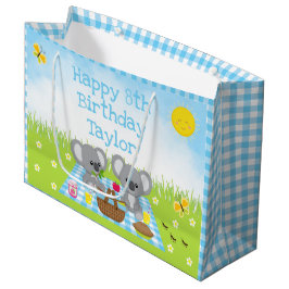 Sacola Para Presentes Grande Koala Bears Picnic Blue Gingham Parabéns