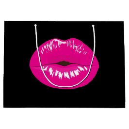 Sacola Para Presentes Grande Lábios brilhantes rosa-quente em preto