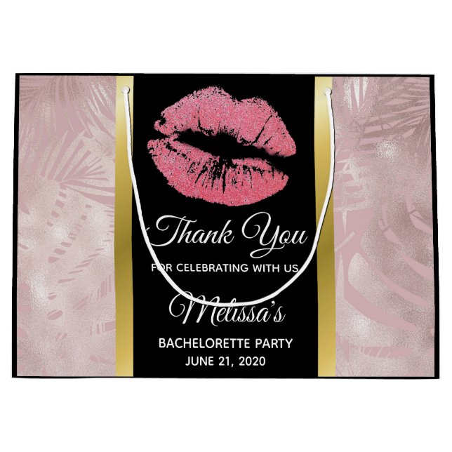 Sacola Para Presentes Grande Lábios com Brilho Cor-de-Rosa & Folhas Tropicais e (Frente)