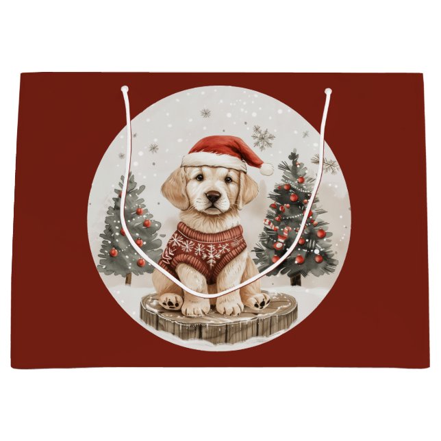 Sacola Para Presentes Grande Labrador Retriever Christmas Puppy (Frente)