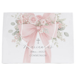 Sacola Para Presentes Grande Laço Floral Rosa Bege Primeira Comunhão