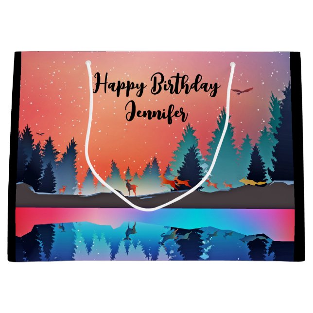 Sacola Para Presentes Grande Lago de inverno Cênico com Aniversário de Veado (Frente)