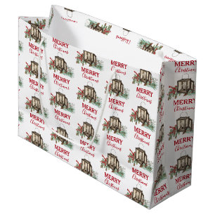 Sacola Para Presentes Grande Lanterna de Natal Rústica Aquarela Pinheiro Frutas