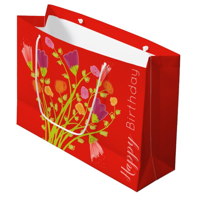 Sacola Para Presentes Grande Laranja Vermelho Flor Feliz Aniversário Gift Bag (Frente inclinada)