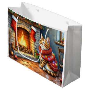 Sacola Para Presentes Grande Lareira Sentada Abissínio com Luzes de Natal