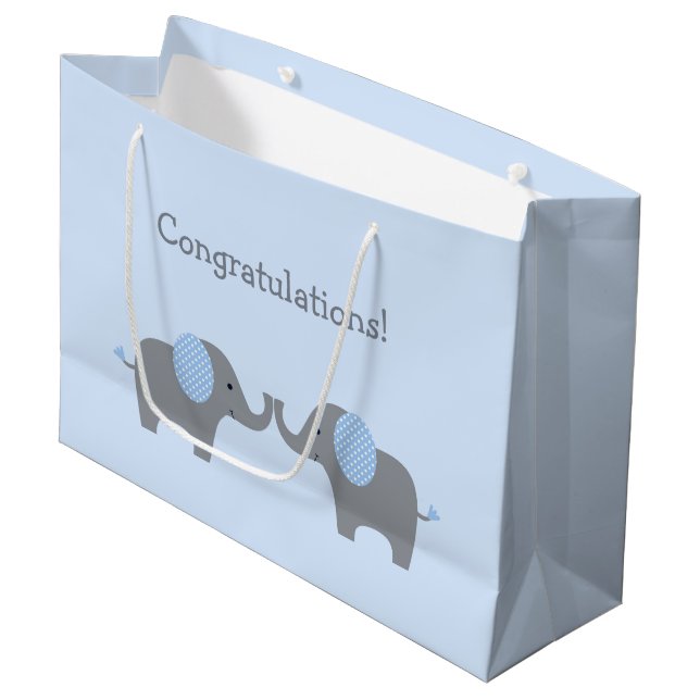 Sacola Para Presentes Grande Larg de Chá de fraldas de Elefante Bolinhas Azul e (Frente inclinada)