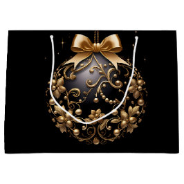 SACOLA PARA PRESENTES GRANDE LARGE BLACK & GOLD CHRISTMAS ORNAMENT