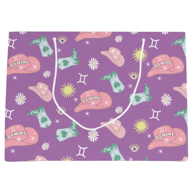 Sacola Para Presentes Grande Lavanda Cowgirl Gemini Zodiac Patterno (Frente)