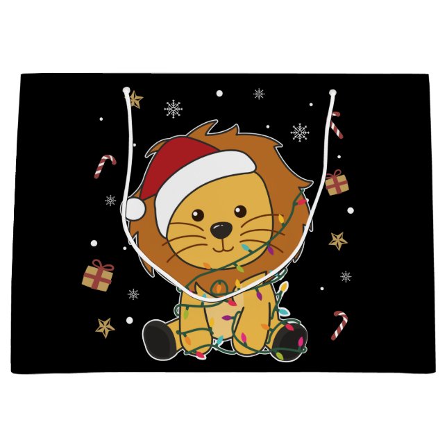 Sacola Para Presentes Grande Leão Natal Neve Animais de inverno Liões Grandes G (Frente)