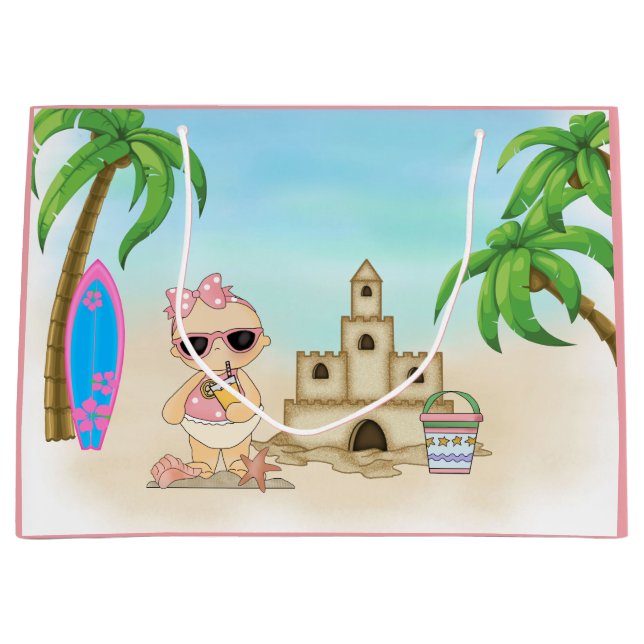 Sacola Para Presentes Grande Legal Girl Beach Baby com Sandcastle e surfboard (Frente)