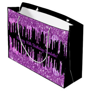 Sacola Para Presentes Grande Leitão roxo de aniversário goteja monograma rosa p