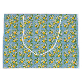 Sacola Para Presentes Grande Lemon Watercolor Blue Mediterranean Tile Pattern